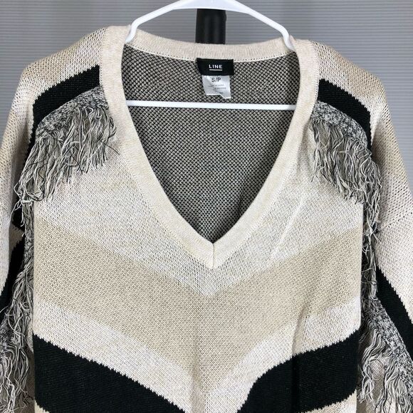 LINE THE LABEL 100% Wool Fringe Chevron Side Slit Tie V-Neck Knit Sweater Sz S - Picture 3 of 10